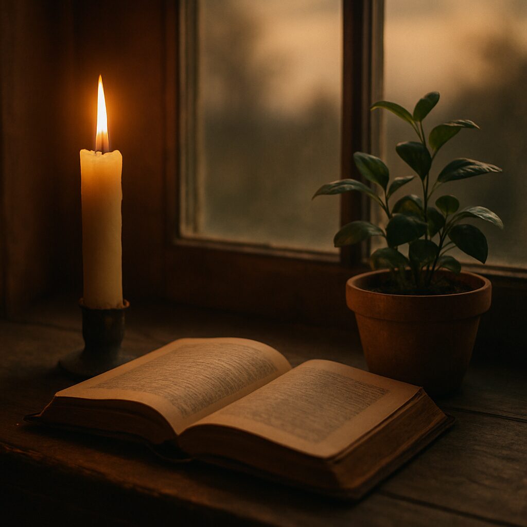 A candle burning beside an open book on a windowsill at dusk