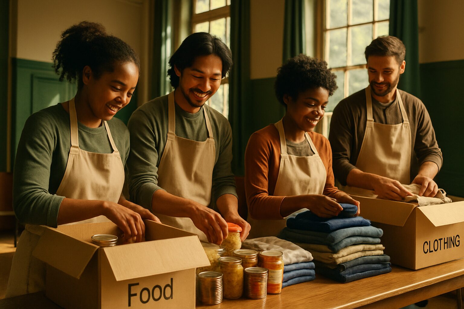 Volunteers in aprons packing boxes of food and folded clothing at a long table